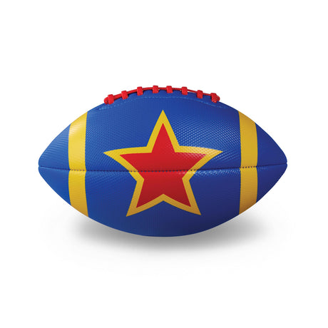 Blue football with yellow stripes and a red star with yellow outline. It features red laces and resembles a playful, vibrant toy.