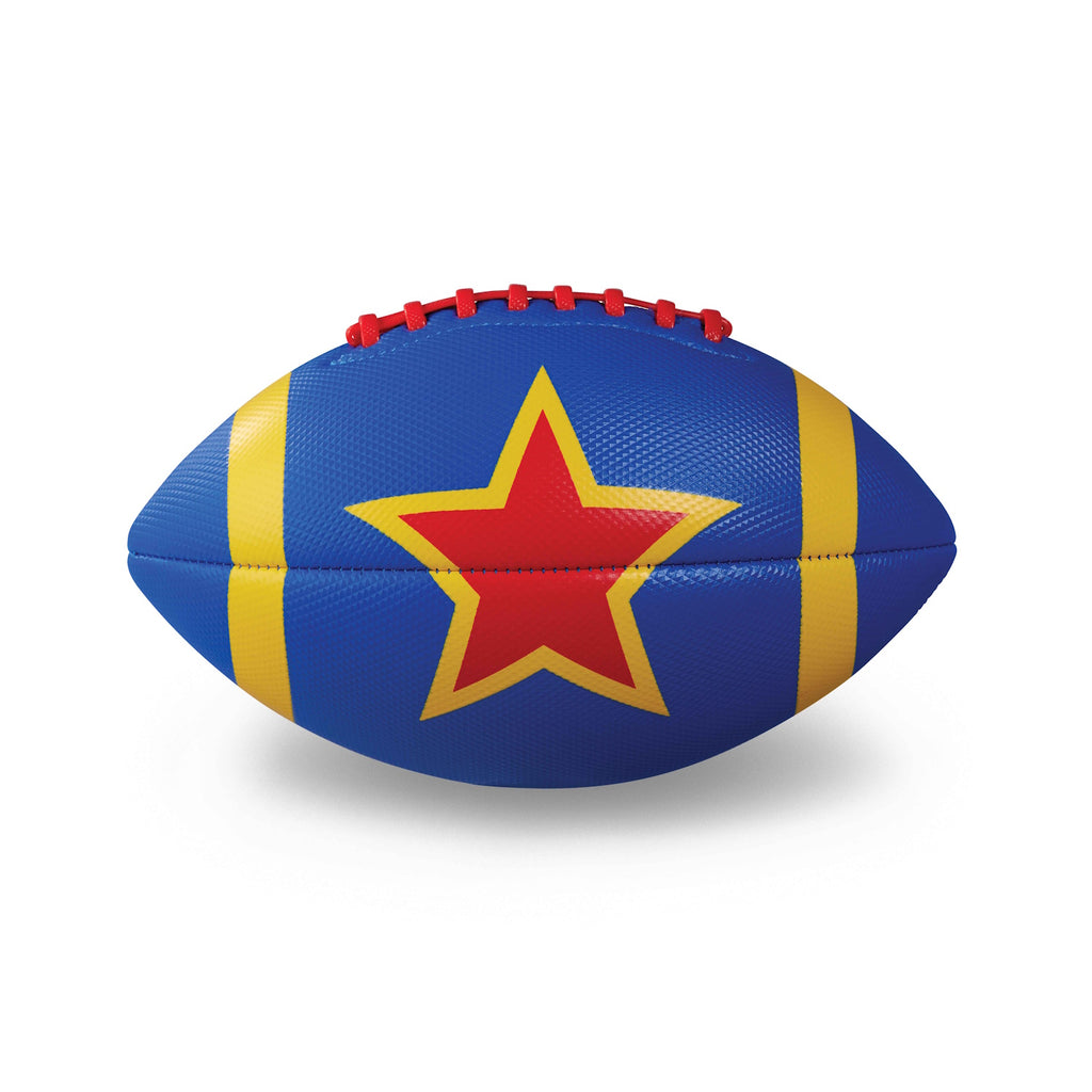 Blue football with yellow stripes and a red star with yellow outline. It features red laces and resembles a playful, vibrant toy.