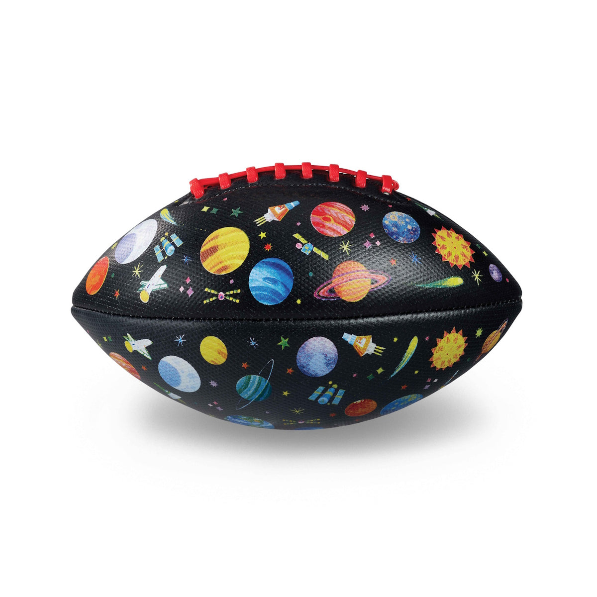 A black football features colorful illustrations of planets, rockets, and stars, with vibrant red stitching, conveying a playful space-themed design.