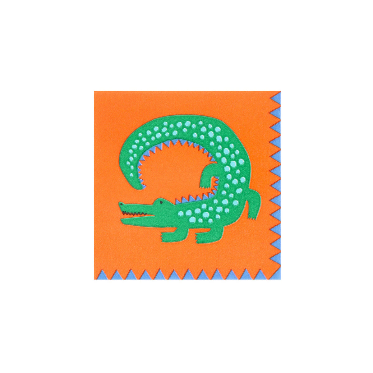 Green spotted crocodile on an orange paper napkin with blue zigzag edges.