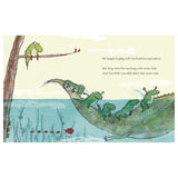 Illustration from The Crocodile Who Didn't Like Water: a green crocodile sits on a tree while others play in the water.