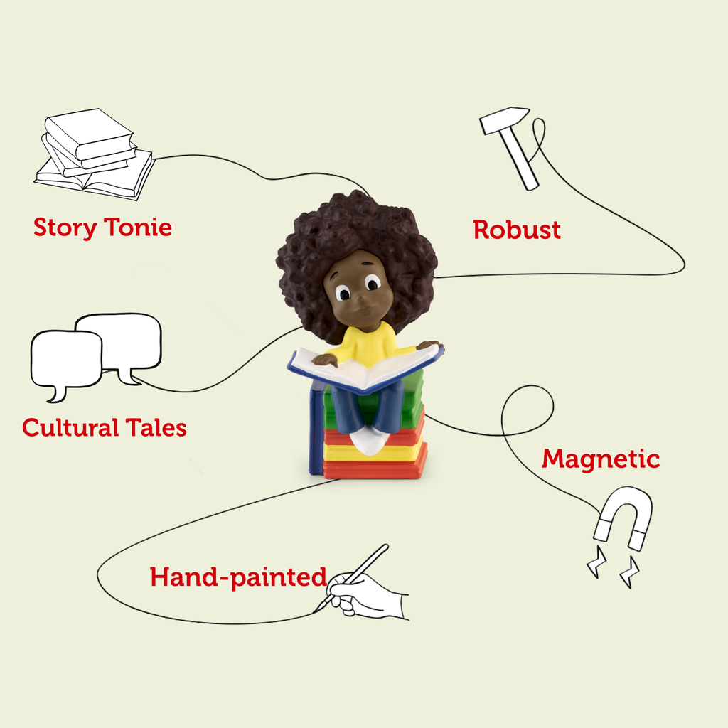 A child with curly hair reads on a stack of colorful books.