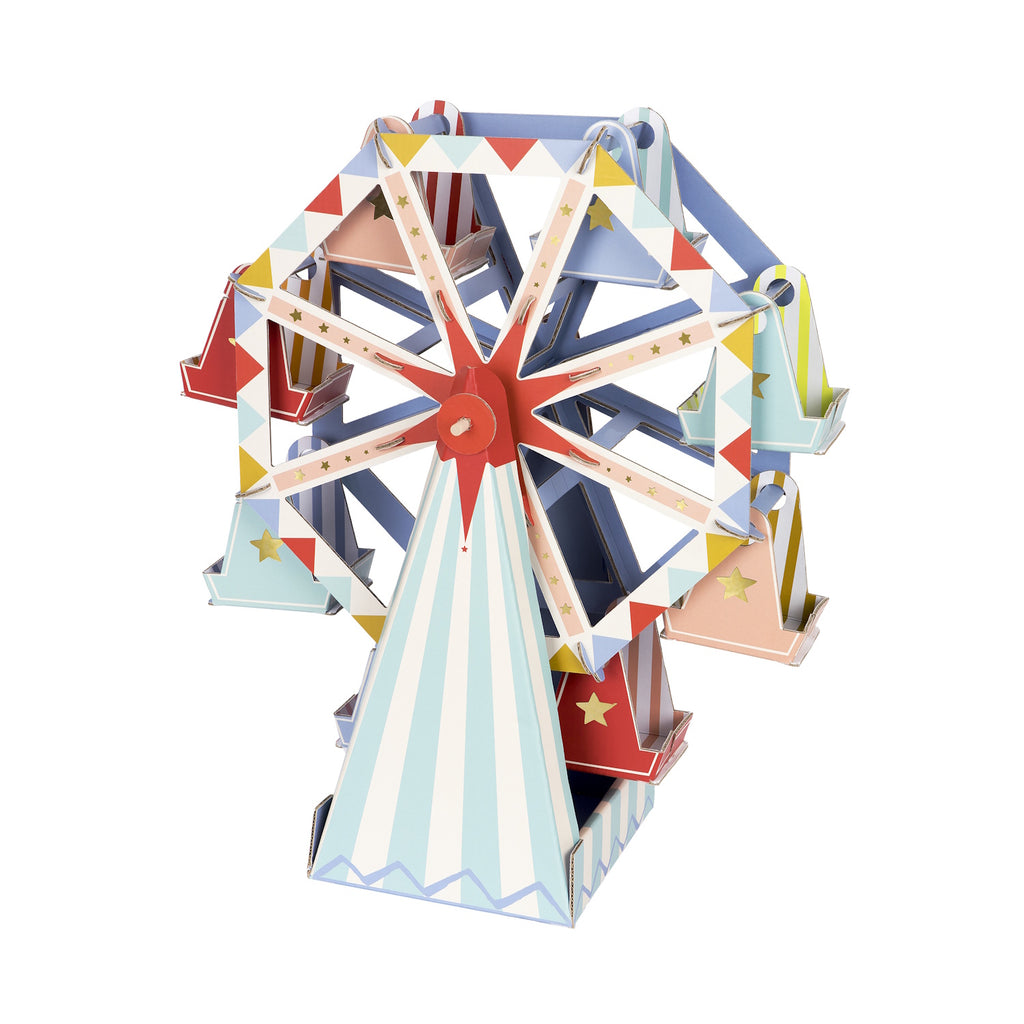 A fun and colorful table decoration featuring a Ferris wheel design with spaces to display cupcakes or treats, perfect for parties and celebrations.