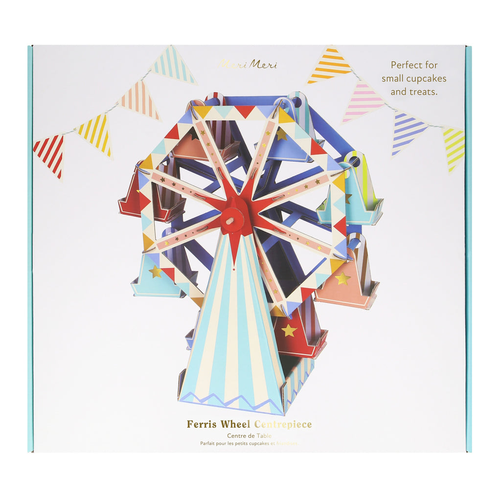 A fun and colorful table decoration featuring a Ferris wheel design with spaces to display cupcakes or treats, perfect for parties and celebrations.