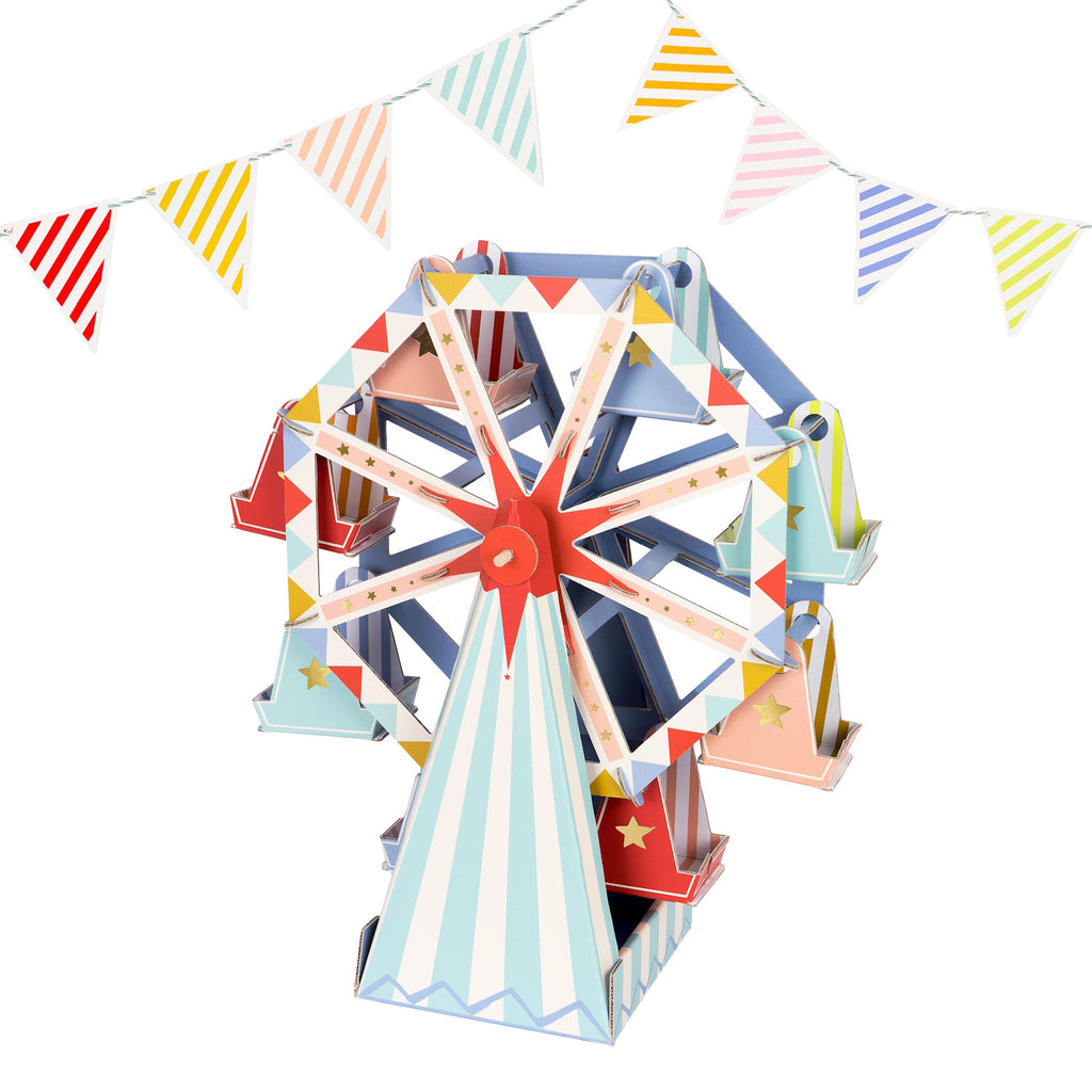 A fun and colorful table decoration featuring a Ferris wheel design with spaces to display cupcakes or treats, perfect for parties and celebrations.