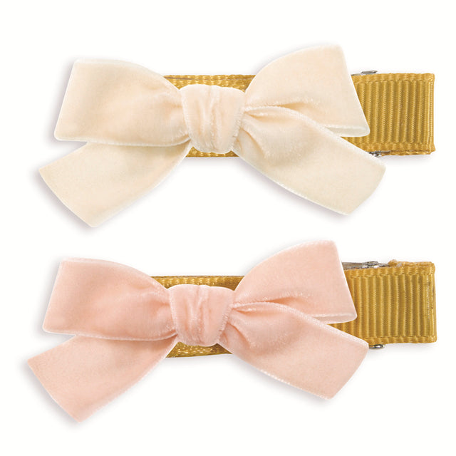Dance Collection Alicia hair clips set of 2 velvet bow barrettes in cream and blush pink.