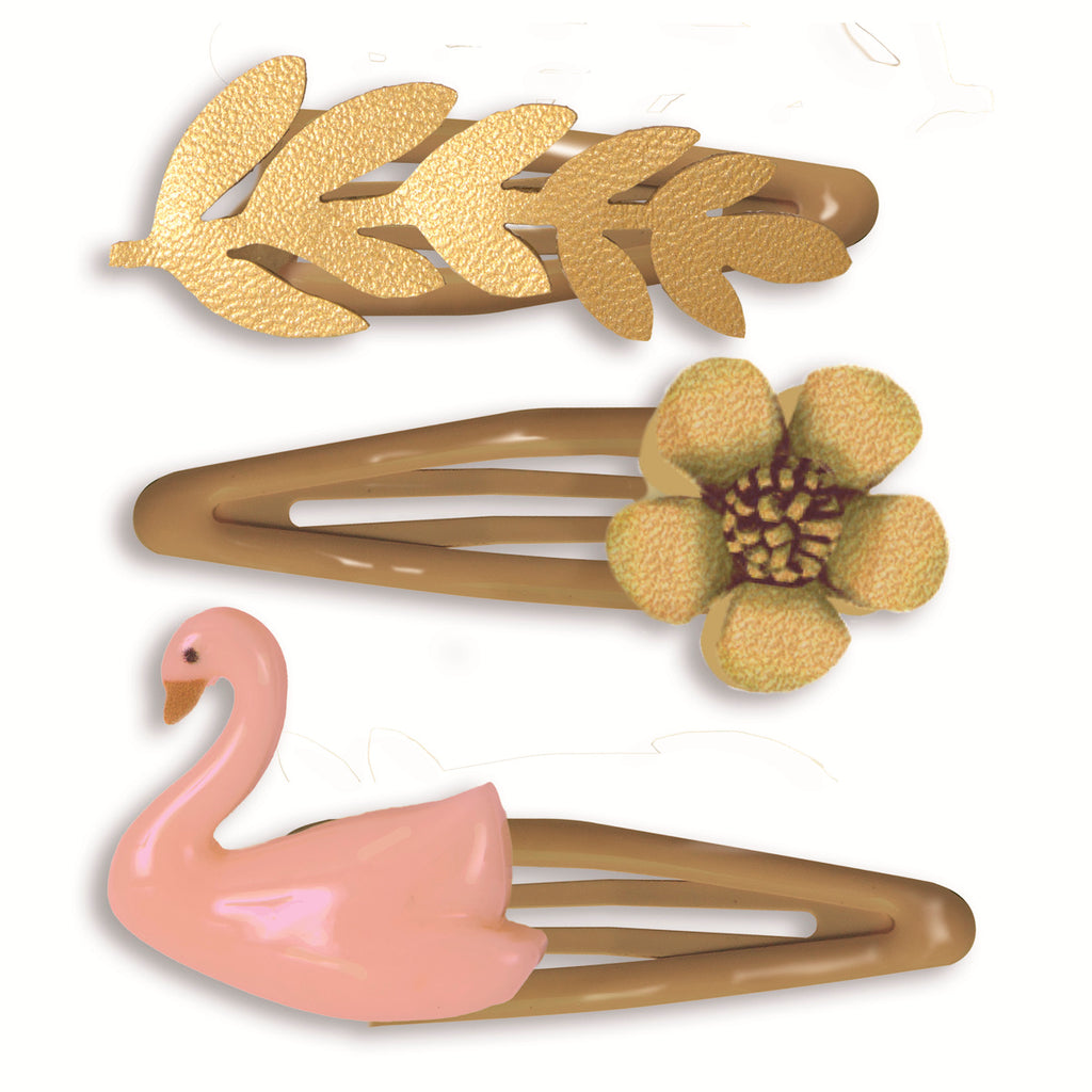 Three decorative hair clips are displayed. The top clip features a gold leaf design, the middle has a yellow flower, and the bottom displays a pink swan.