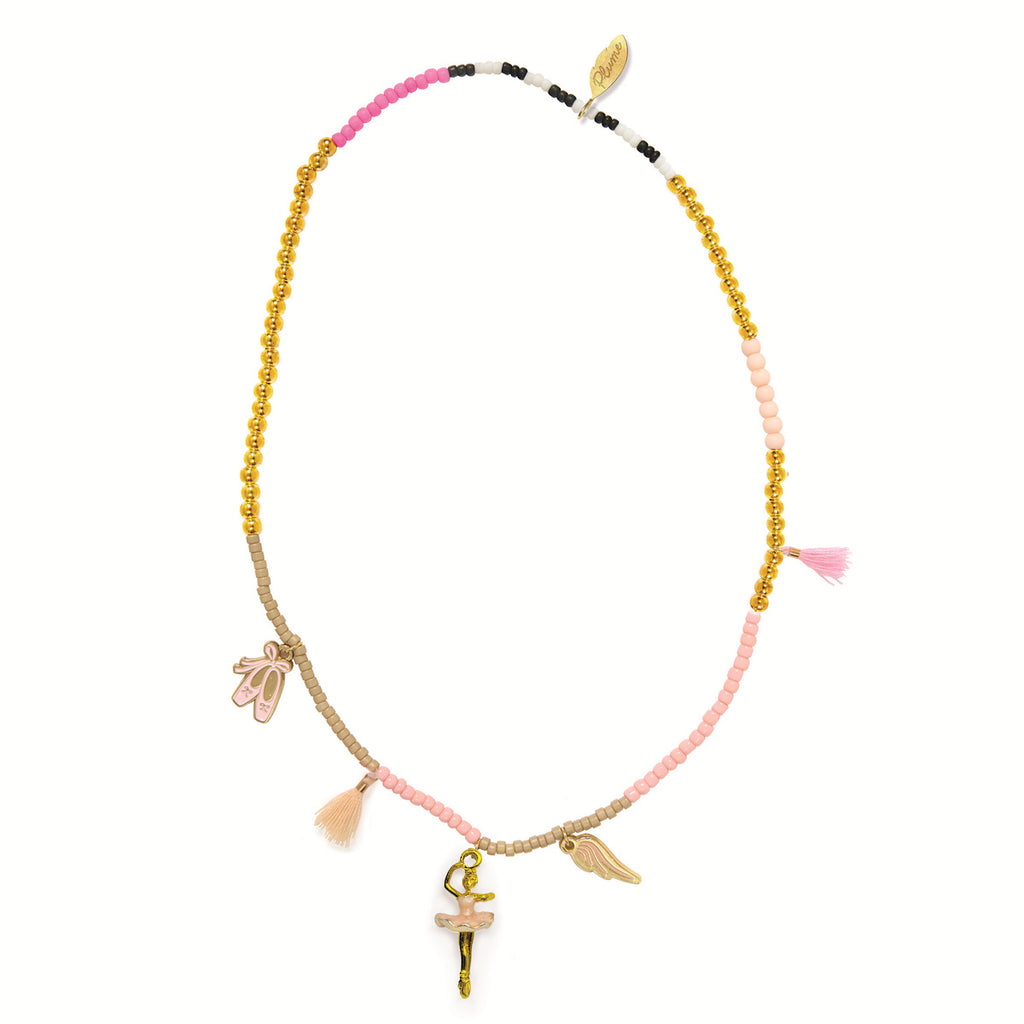 Beaded necklace with pink, gold, and tan beads, featuring charms of ballet shoes, a dancer, angel wings, and tassels, conveying a whimsical, artistic vibe.