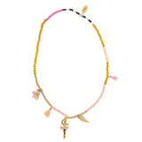 Dance collection girls beaded necklace with ballerina, ballet shoes, and wing charms in pink gold.