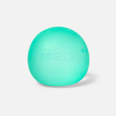 A teal, round Speks stress ball with embossed lettering on a plain white background.