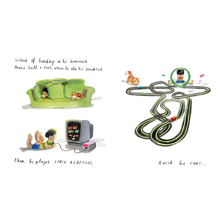 Illustration of a boy eating in a couch fort, playing video games, and racing toy cars with his cat.