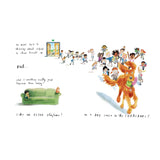 A boy sits on a couch while imagining school children excitedly running down a hallway behind a playful dog.