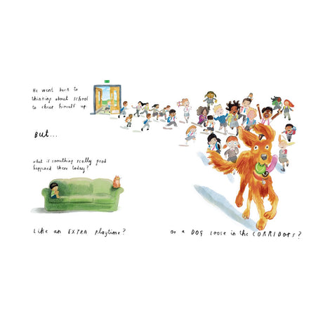 A boy sits on a couch while imagining school children excitedly running down a hallway behind a playful dog.