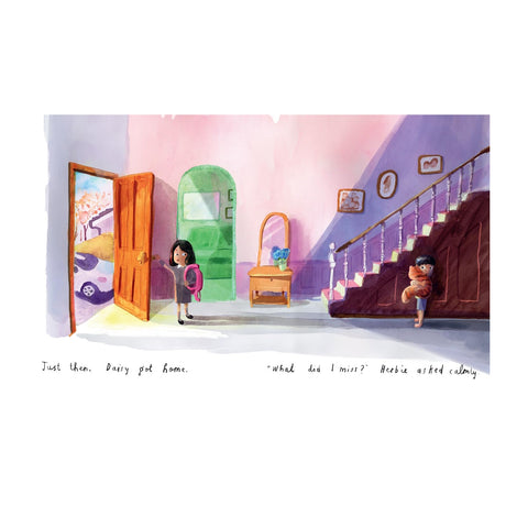 Children's book illustration of a girl entering her house with a backpack while a boy holding a cat watches.