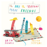 Book cover for 'The Day the Crayons Made Friends' featuring colorful crayon characters on an envelope.