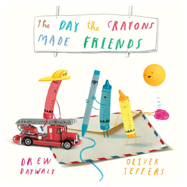 Book cover for 'The Day the Crayons Made Friends' featuring colorful crayon characters on an envelope.