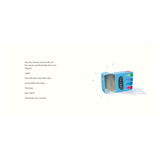 Illustration of an open, empty blue crayon box beside storybook text about missing crayons.