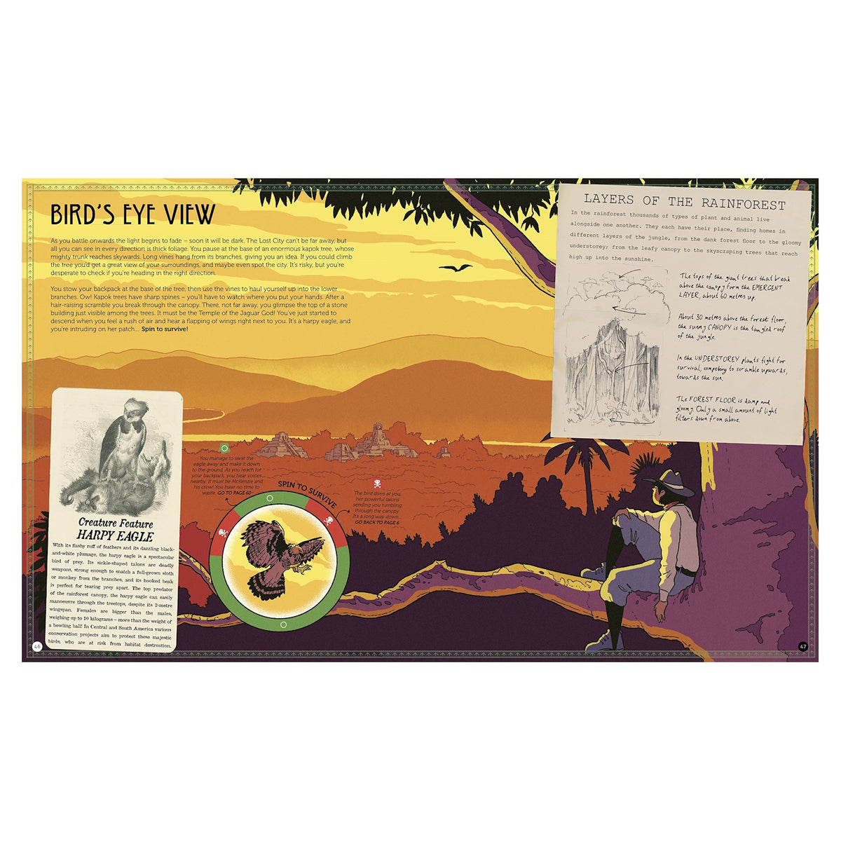 Illustrated book page showing an explorer perched on a tree branch, overlooking a jungle and ancient ruins.