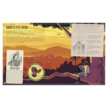 Illustrated book page showing an explorer perched on a tree branch, overlooking a jungle and ancient ruins.