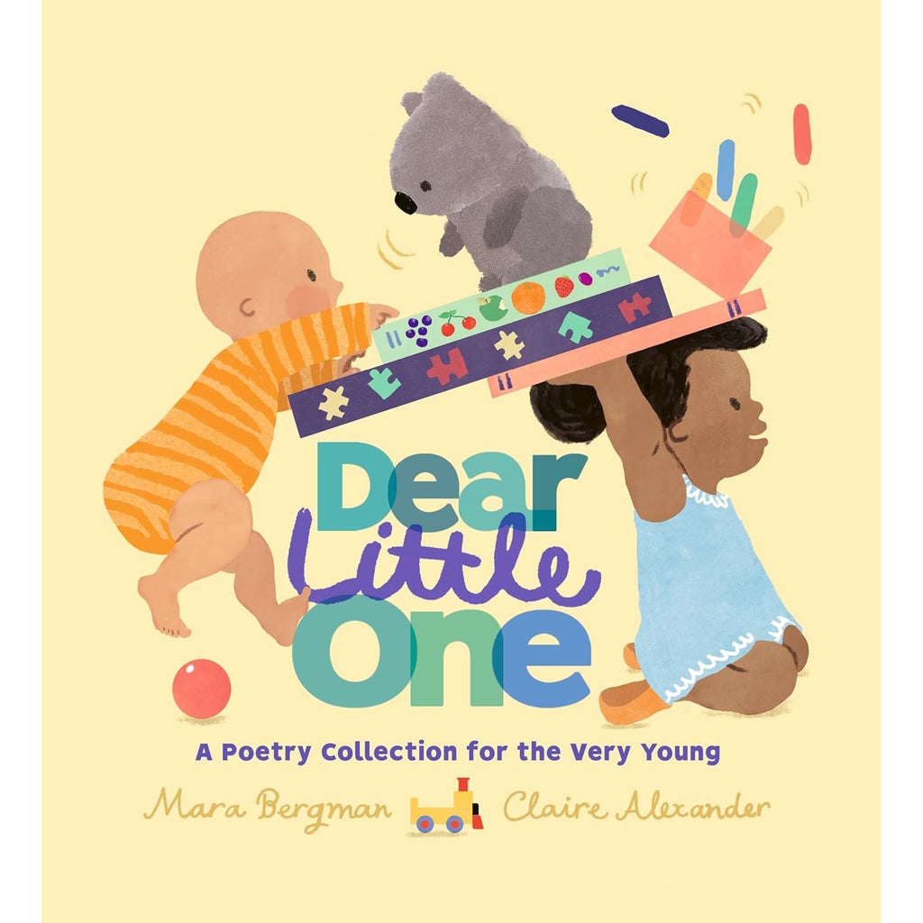 Two toddlers, one in an orange striped onesie and the other in a blue dress, playfully stack blocks with a toy bear on top. Text reads "Dear Little One."