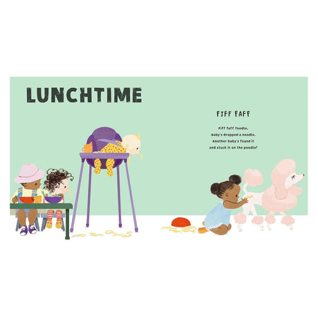Illustration of diverse babies eating noodles and playing with a pink poodle in a colorful "Lunchtime" book spread.