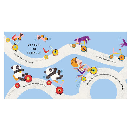 Children's book illustration of animals and a baby riding tricycles on a winding path with "Riding the Tricycle" text.