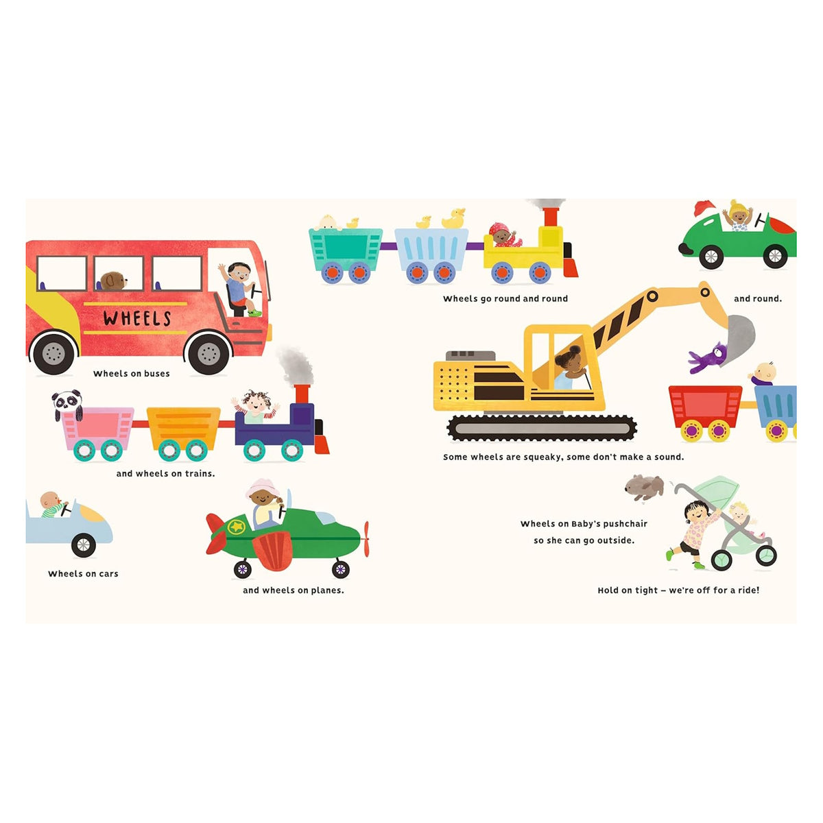 Colorful children's book illustration showing various vehicles like a bus, train, and excavator with wheels.