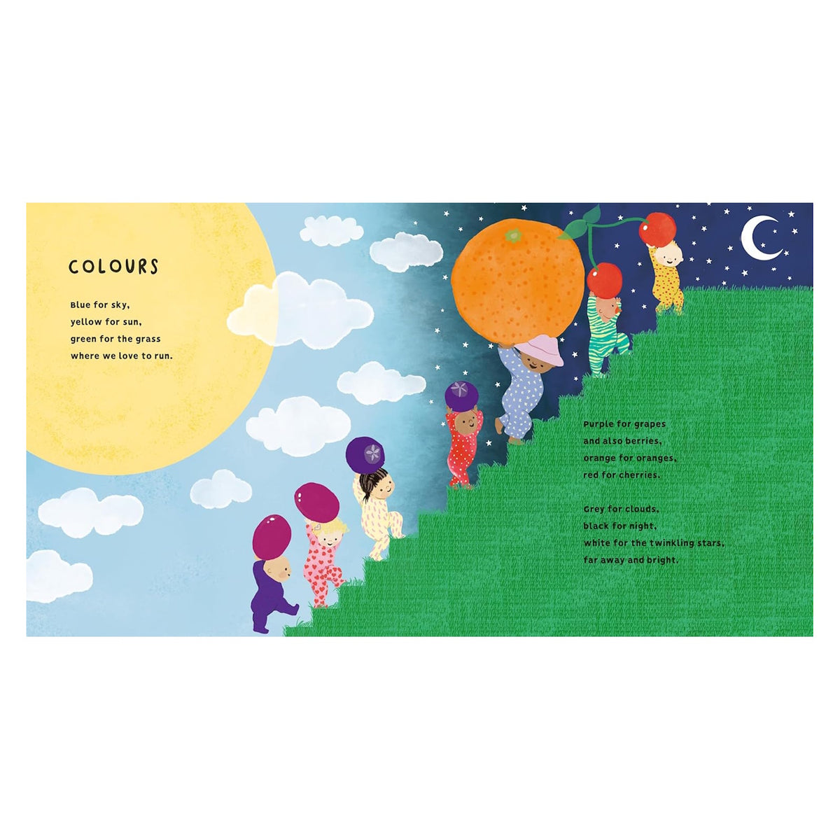 Children's book illustration of toddlers climbing grass stairs carrying colorful fruit under a day and night sky.
