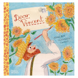 Dear Vincent book cover featuring an illustration of Vincent van Gogh painting sunflowers under a blue sky.