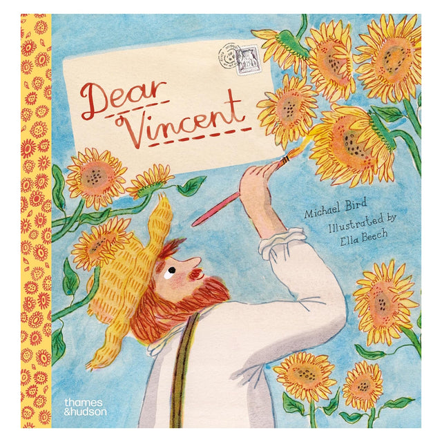 Dear Vincent book cover featuring an illustration of Vincent van Gogh painting sunflowers under a blue sky.