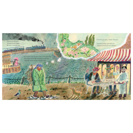 Children's book illustration of Vincent van Gogh walking in the rainy city, dreaming of sunshine and flowers.
