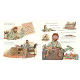 Vincent van Gogh children's book illustration showing Vincent packing art supplies and a railway ticket to Arles.