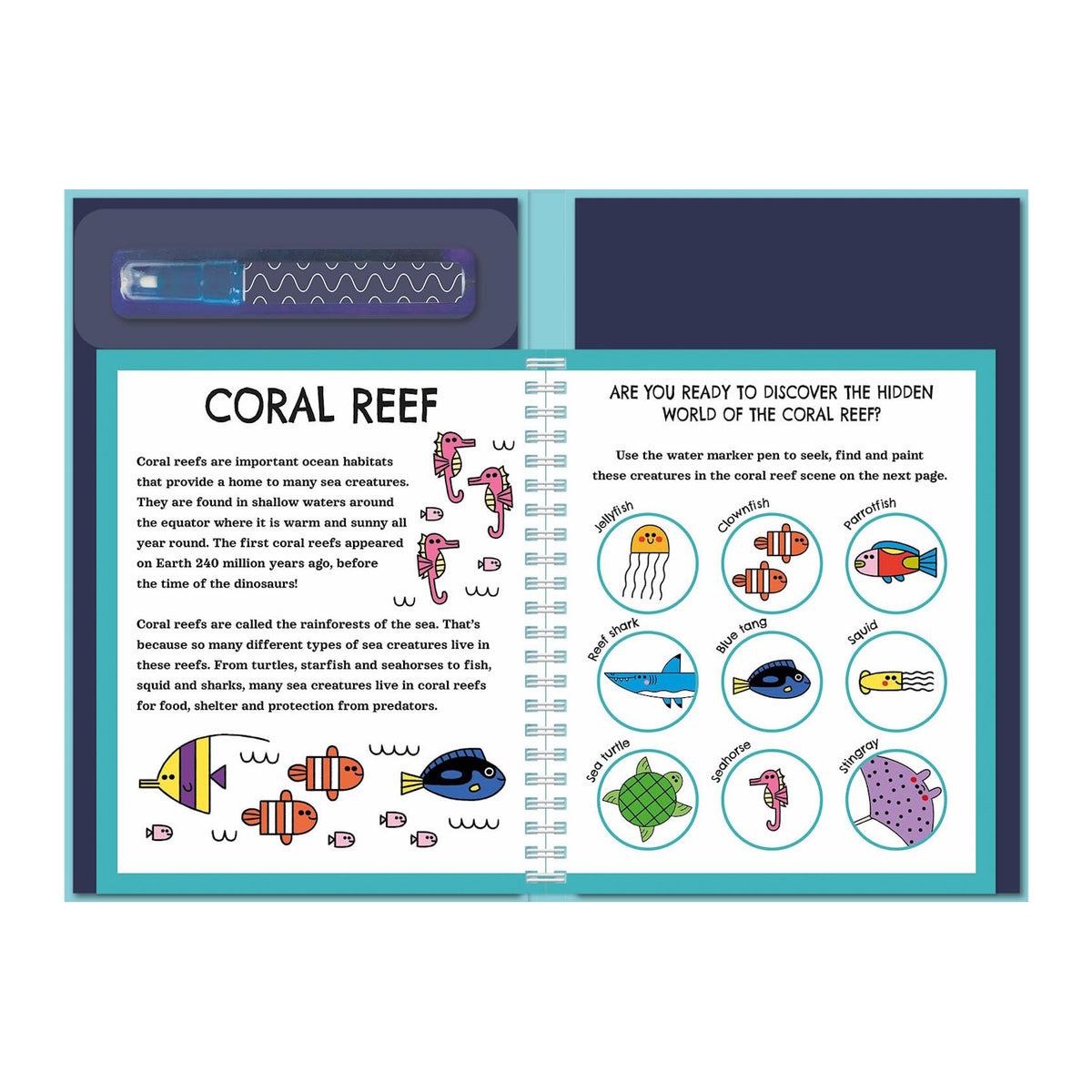 Open book titled "Coral Reef" with a pen placed in a holder. Left page describes coral reefs with seahorse and fish illustrations. Right page shows a sea creature search activity with cartoon images, including jellyfish, clownfish, and more, conveying a playful and educational tone.