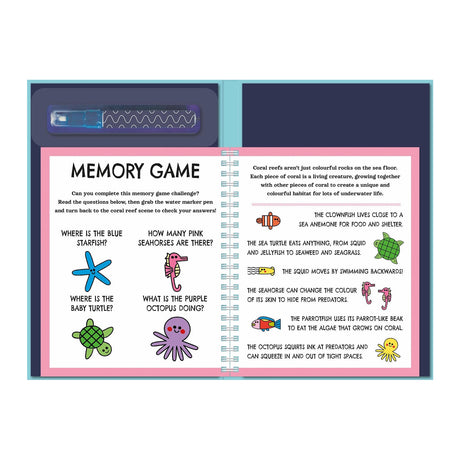 Open book displaying a colorful memory game about marine life on the left. Illustrations include a blue starfish, pink seahorses, a baby turtle, and a purple octopus. The right page provides fun facts about sea creatures like clownfish, sea turtles, squid, seahorses, and parrots, creating an engaging and educational tone. A water marker pen is visible in a holder above the left page.