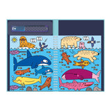 Illustrated ocean scene with cartoon marine animals including whales, sharks, and playful seals. Bright colors create a cheerful, lively tone.