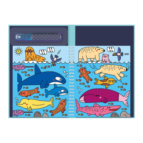 Illustrated ocean scene with cartoon marine animals including whales, sharks, and playful seals. Bright colors create a cheerful, lively tone.