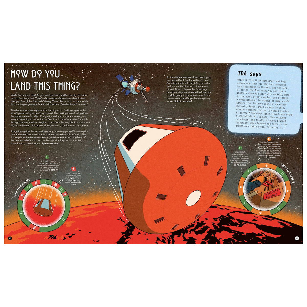Book spread about landing a space capsule on Mars, featuring interactive spinners and educational text.