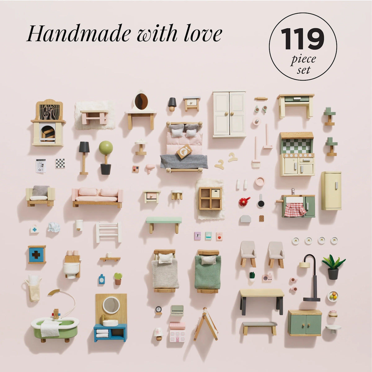 A knolled layout of a 119-piece wooden dollhouse furniture set in pastel colors against a pink background.
