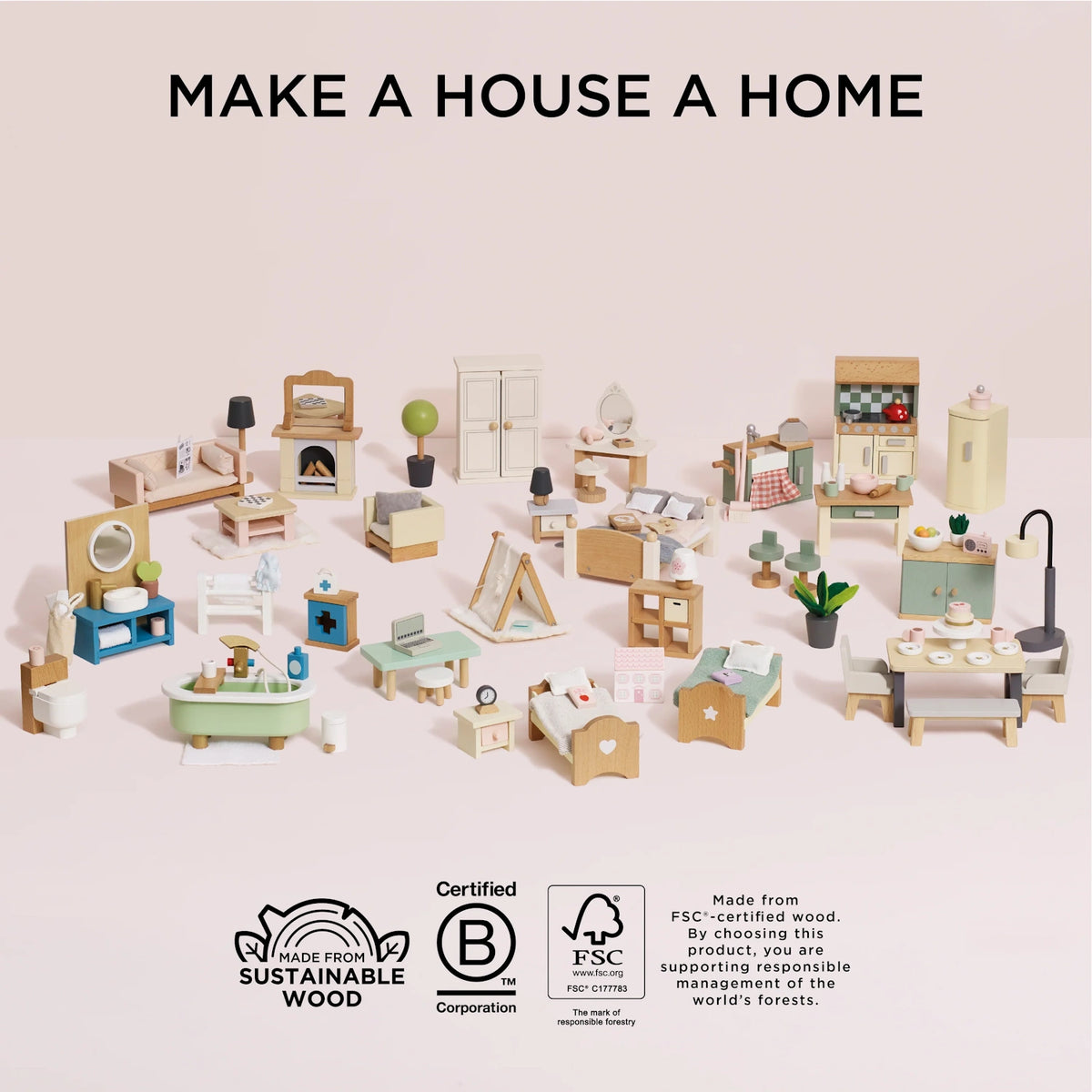 Miniature pastel wooden dollhouse furniture set with sustainable wood certification logos on light background.