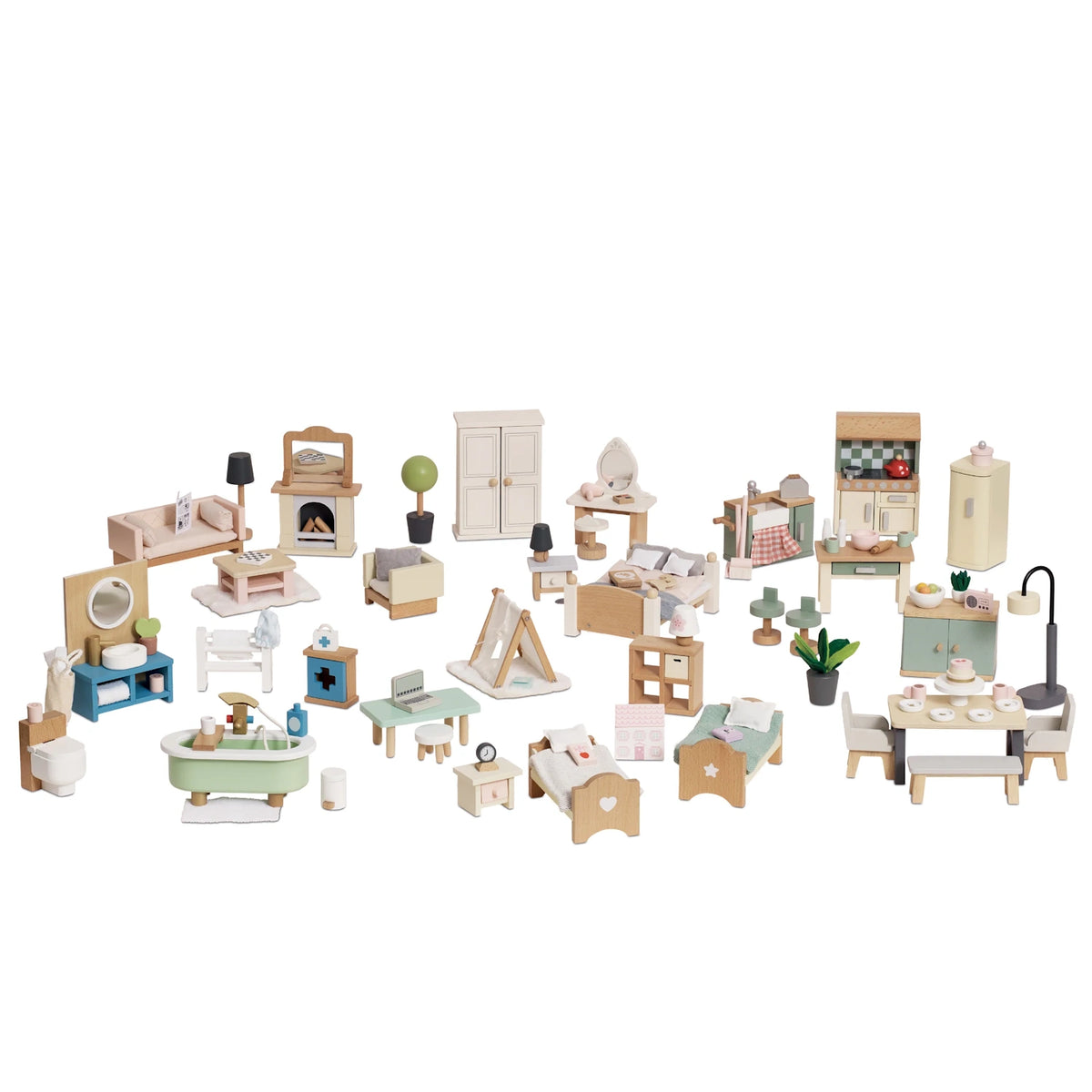 Miniature pastel wooden dollhouse furniture set with living, bedroom, kitchen, and bathroom pieces on white background.