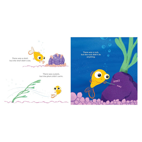 Children's book page showing a yellow fish poking a purple rock underwater with a stick.