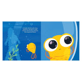 Yellow fish Derek looks at a large creature's silhouette underwater in a children's book illustration.