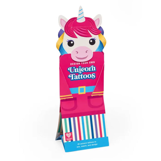 Unicorn-themed craft kit packaging reading "Design Your Own Unicorn Tattoos" on a white background.