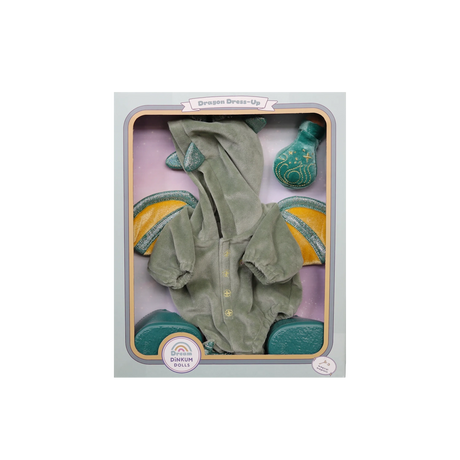Front of Dragon Dress-Up outfit set packaged in a clear window box with shoes and bottle.