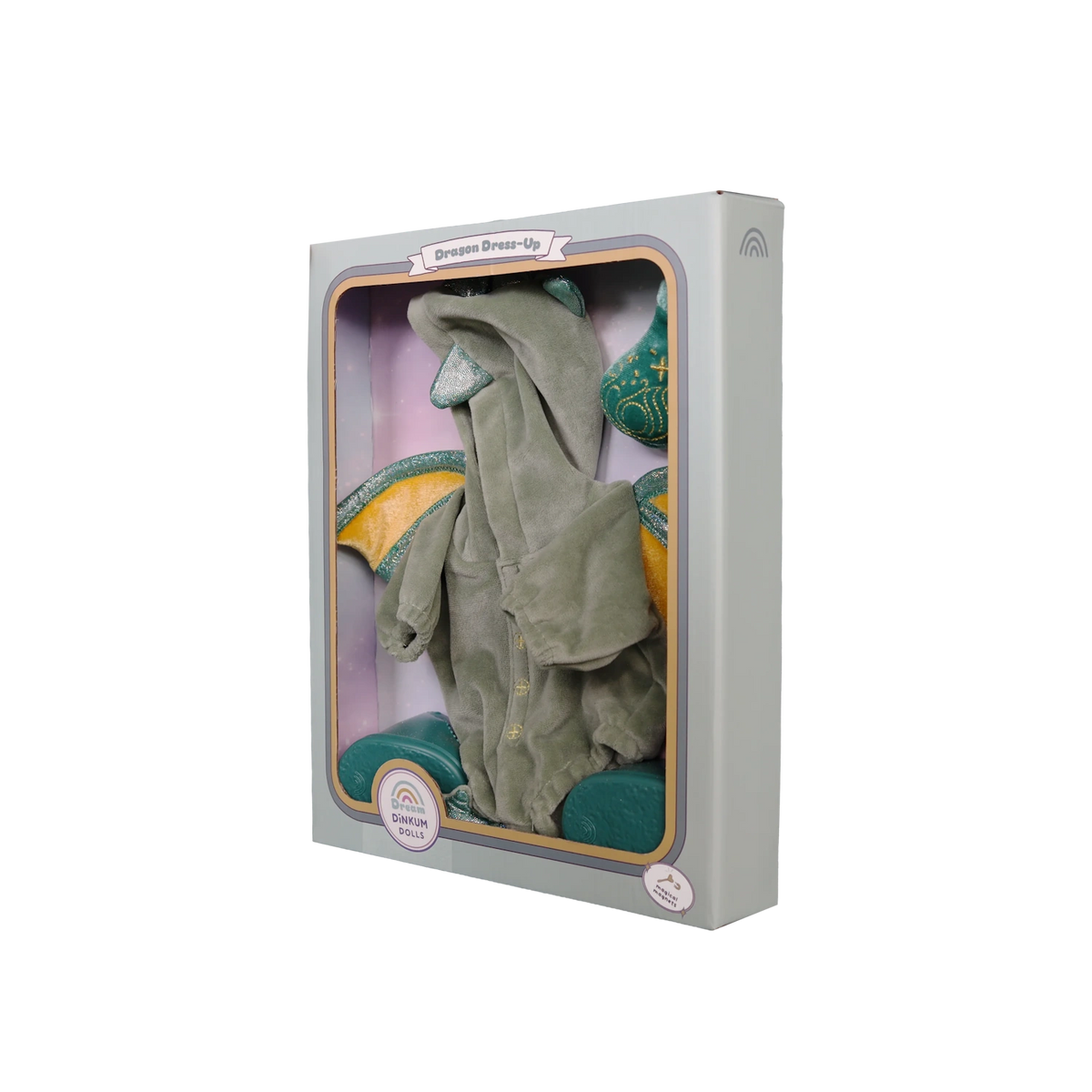 Angled front view of Dragon Dress-Up doll outfit set neatly packaged in window box.