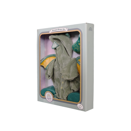 Angled front view of Dragon Dress-Up doll outfit set neatly packaged in window box.