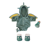 Green velvet dragon doll outfit with hooded bodysuit, wings, shoes, and toy potion bottle.