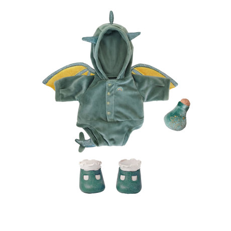 Green velvet dragon doll outfit with hooded bodysuit, wings, shoes, and toy potion bottle.