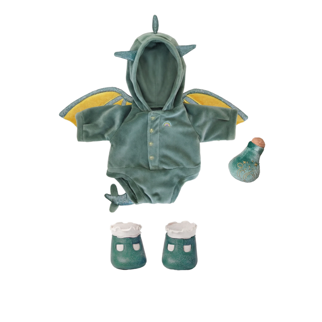 Green velvet dragon doll outfit with hooded bodysuit, wings, shoes, and toy potion bottle.