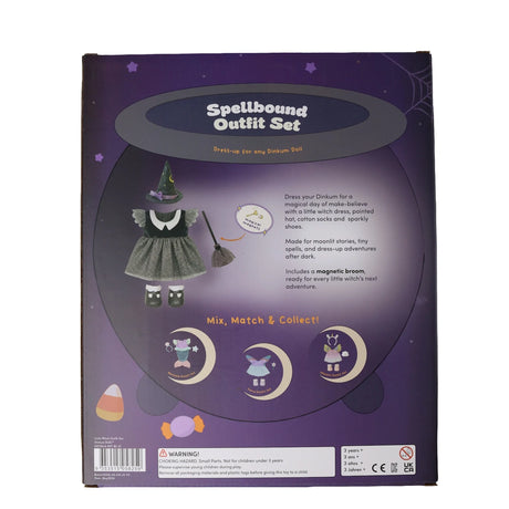 Back of packaging for a witch outfit set displaying dress details, accessories, and product info.